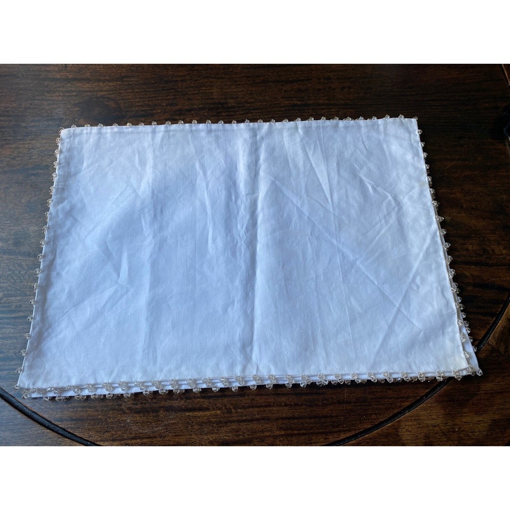 Pottery Barn 2 Placemats White Cotton Double Sided 19"x14" Clear Beads Trim New